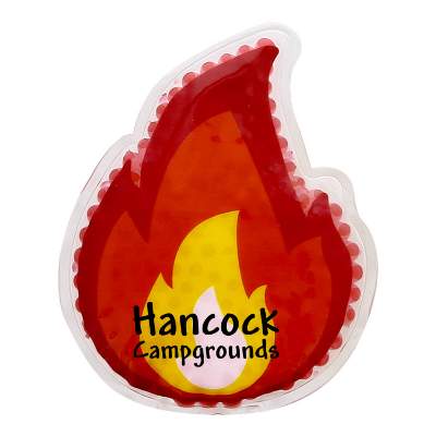 Plastic red hot and cold pack with a personalized logo.
