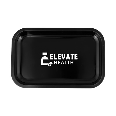 Black tray with custom logo.