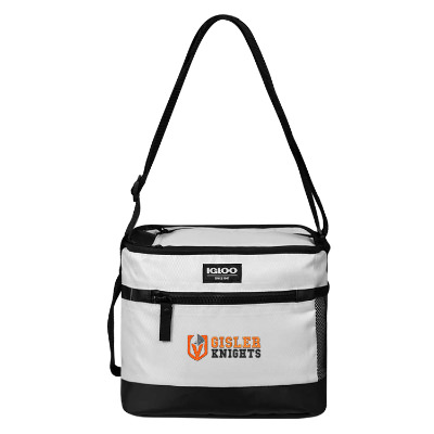 White polyester cooler with a branded logo.