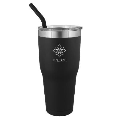 Black tumbler with an engraved imprint.