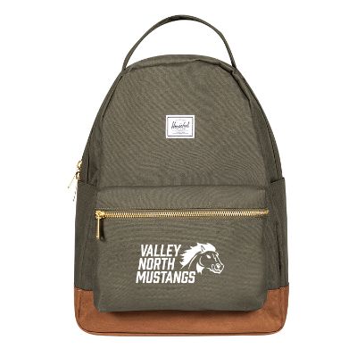 Recycled polyester forest and tan backpack with custom logo.