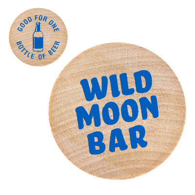Natural wooden nickel with a custom logo.