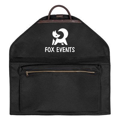 Black polyester garment bag with a custom logo.
