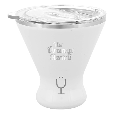 White martini glass with custom engraved logo.