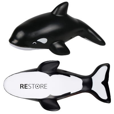 Foam killer whale stress ball with custom imprint.