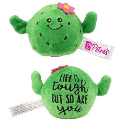 Green plush stress buster with a custom imprint.