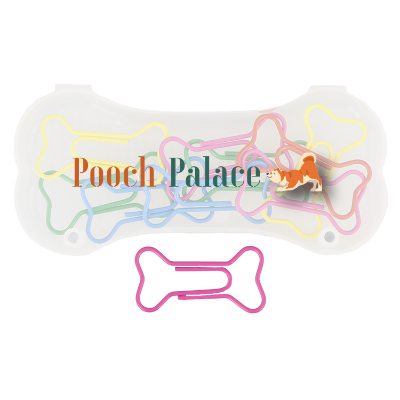 Plastic frosted dog bone shaped case with assorted colored dog bone shaped paperclips with full color custom logo.