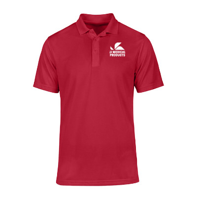 Deep red polo with personalized logo.
