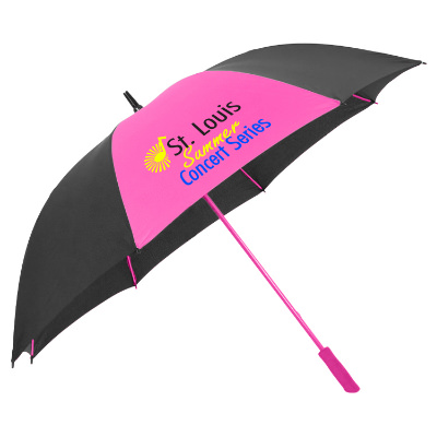 Black with fuchsia splash of color golf umbrella with custom full color logo.