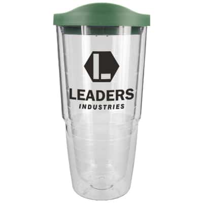 Plastic clear with hunter green tumbler with custom imprint in 24 ounces.