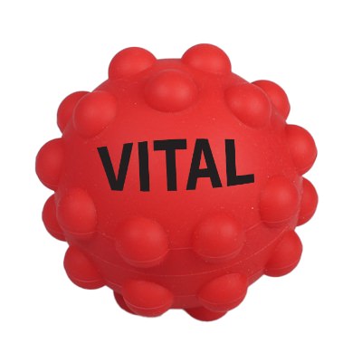 Red silicone push pop ball with a branded imprint.