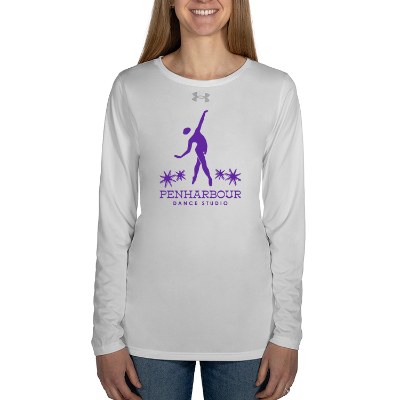 White with mod grey long sleeve women's tee with logo.