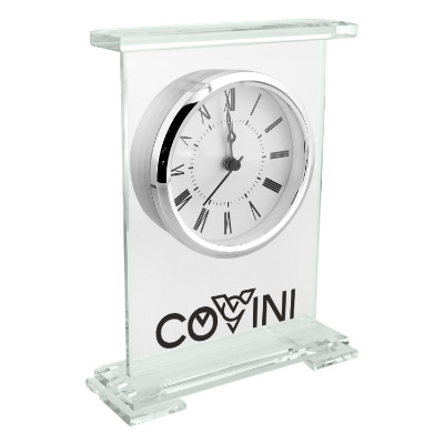 Clear glass clock with a personalized logo.