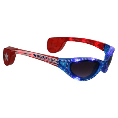 Plastic red, white and blue LED USA stars and stripes rival sunglasses with logo.