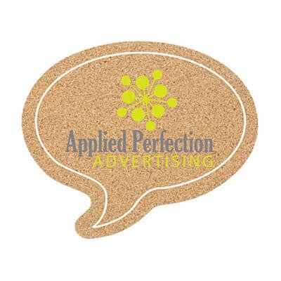 Large cork talk bubble coaster with full color branded.