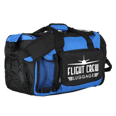 Polyester royal blue deluxe activity duffel with imprinting.