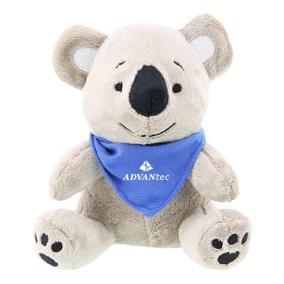 Plush and cotton koala with royal blue bandana with custom logo.