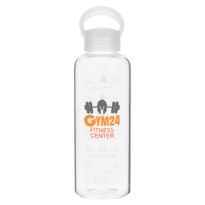 Glass water bottle with custom full color logo in 18 oz.
