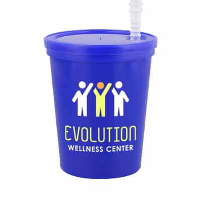 Plastic red stadium cup with lid and straw and custom full-color logo in 16 ounces.