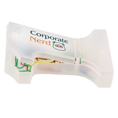Plastic frosted number one shaped paperclip holder with assorted colored number one shaped paper clips with personalized full color promotional imprint.