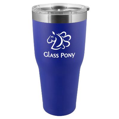 Blue tumbler with a custom imprint.