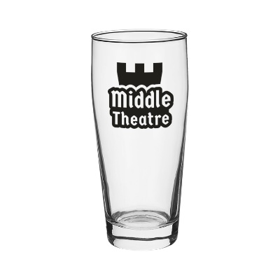 Glass clear beer glass with custom imprint in 16 ounces.