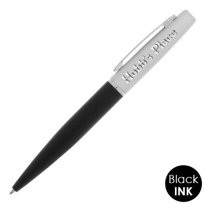 Custom logo pen with rubber coated bottom barrel.