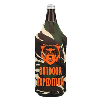 Foam true life camo 40 ounce bottle sleeve with custom imprint.