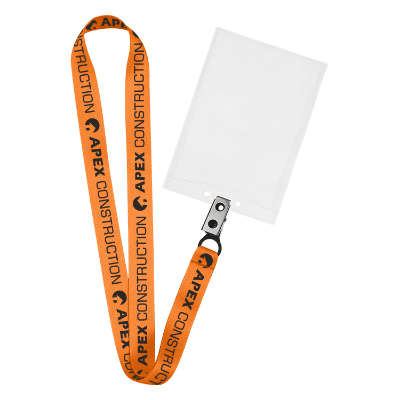 3/4 inch bright orange satin polyester custom lanyard with bulldog clip and vertical ID holder.