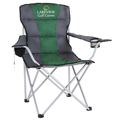 Full color imprint on charcoal with green strip folding chair with bottle opener and branded carrying bag.