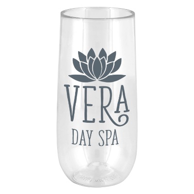 Clear plastic wine tumbler with custom logo.