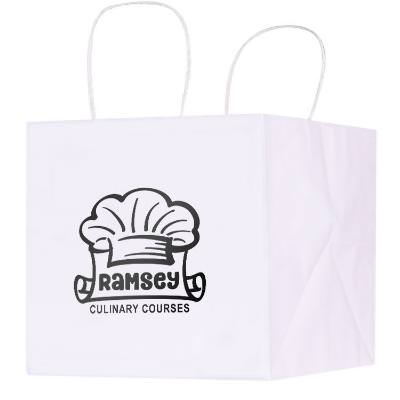 Kraft paper white 10 inch wide takeout bag with foil imprinting.