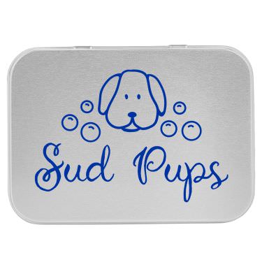 Silver tin first aid kit with a customizable logo.