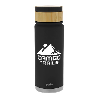 Stainless black sports bottle with custom logo.