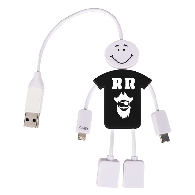Black plastic charging cable with a branded imprint.