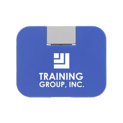 Blue USB hub with a customizable logo.