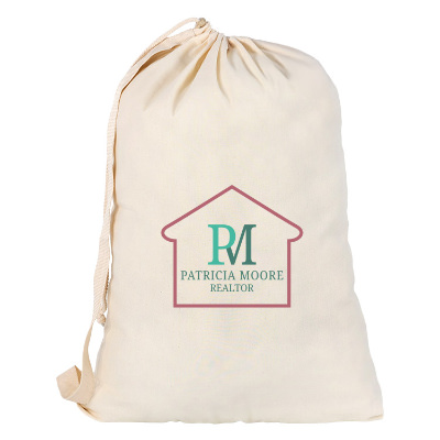 Natural cotton laundry bag with a customized imprint.