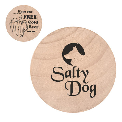 Natural wooden nickel with a custom logo.