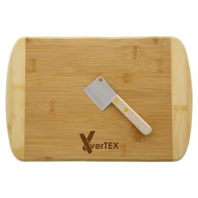 Tan bamboo charcuterie board with a personalized logo.