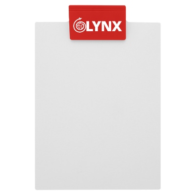 Red polystyrene clipboard with a personalized logo.