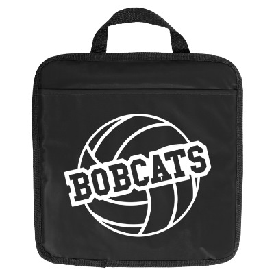 Black polyester seat cushion with a personalized imprint.