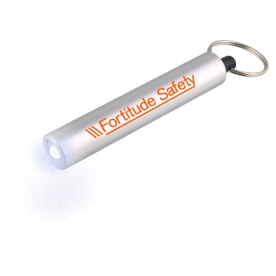Plastic silver cylinder LED flashlight keychain personalized.