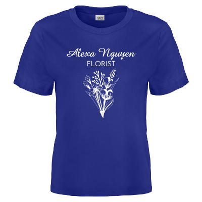 Worker blue womens tee with custom imprint.