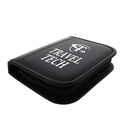 Black vinyl card case with a branded logo.
