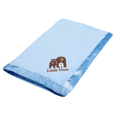 Embroidered plush with satin edged baby blanket light blue.