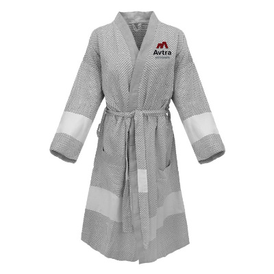 Grey cotton waffle weave robe with custom embroidered imprint.