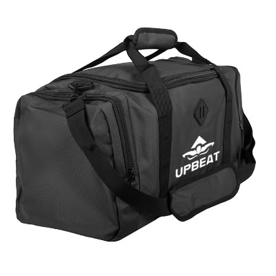 Gray repreve duffel bag with custom white imprint.
