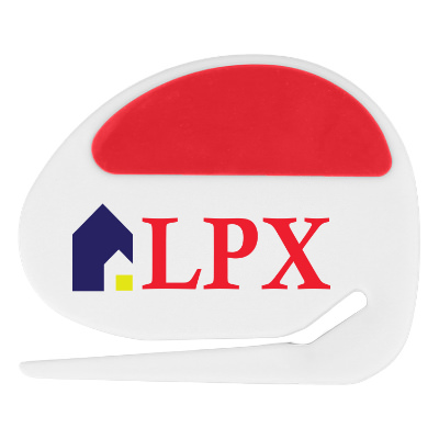 Red plastic letter opener with a branded logo.