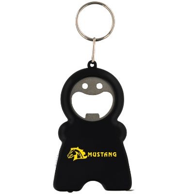 Plastic black bottle opener with custom imprint.