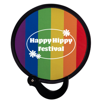 Nylon rainbow hand fan branded with a logo.